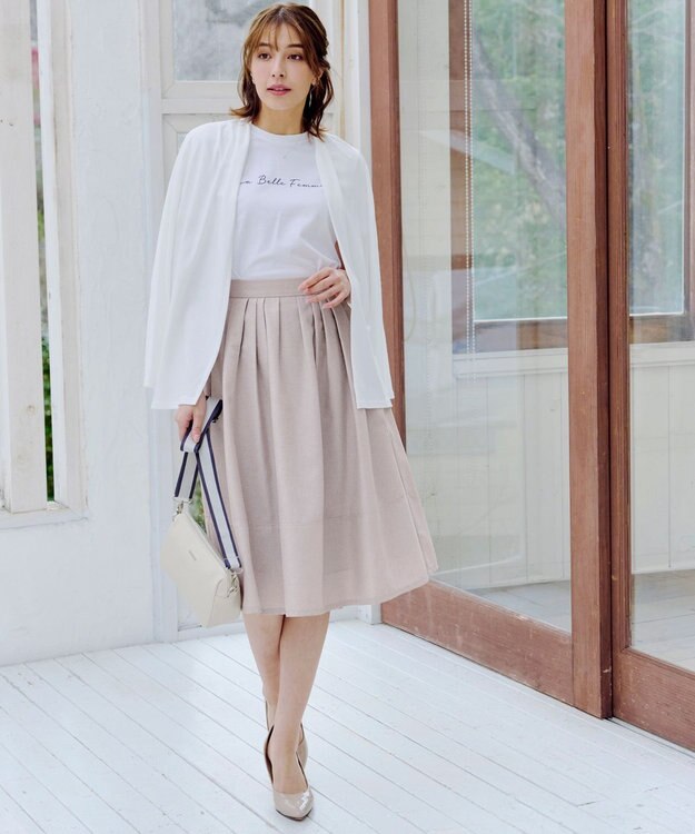 Tiaclasse 【選べる丈】麻調タックフレアスカート 膝丈グレージュ