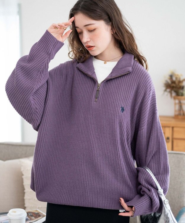 WEGO U.S. POLO ASSN.|別注畔編みハーフジップセーター パープル