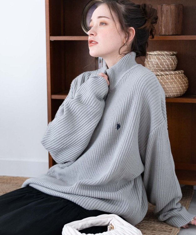 WEGO U.S. POLO ASSN.|別注畔編みハーフジップセーター 杢グレー