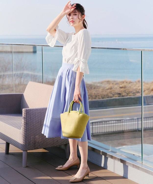 Tiaclasse 【選べる丈】麻調タックフレアスカート 膝丈サックス