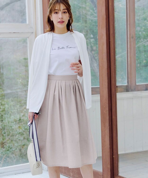 Tiaclasse 【選べる丈】麻調タックフレアスカート 膝丈グレージュ