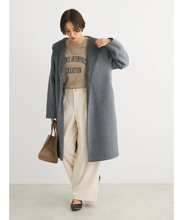 Green Parks フード付き裏ボアロングコーディガン Gray Mixture