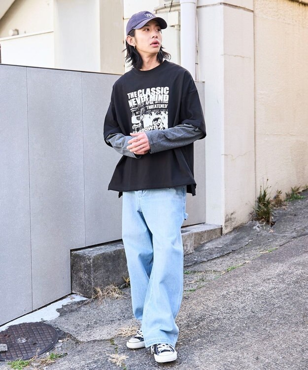 WEGO フェイクレイヤードグラフィックT（LS） グレーボーダー