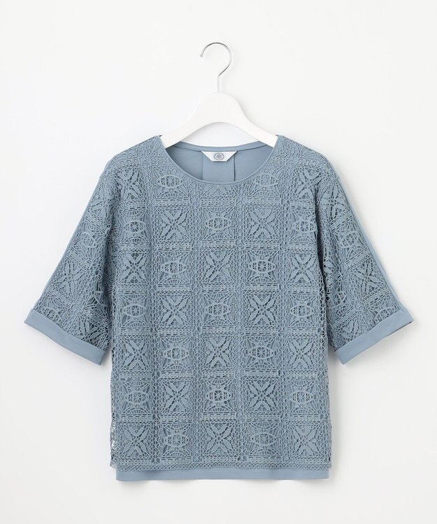 J.PRESS LADIES L 【一枚で着映え・シーンレスに活躍】レーシーコンビ クルーネック カットソー ソフトブルー系