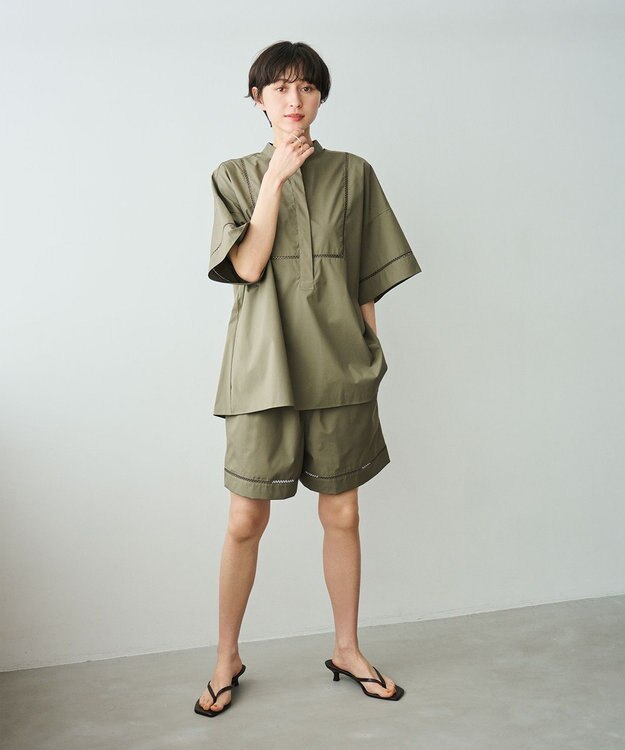 #Newans 【洗える/セットアップ可能】ハシゴレースハーフパンツ カーキ