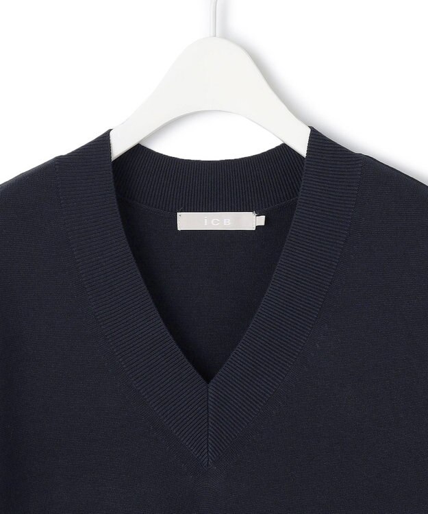 ICB L 【洗える】 クロスコンビ ニットワンピース ネイビー系