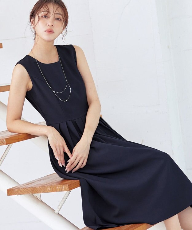 Tiaclasse 【洗える】タックフレアワンピース ネイビー