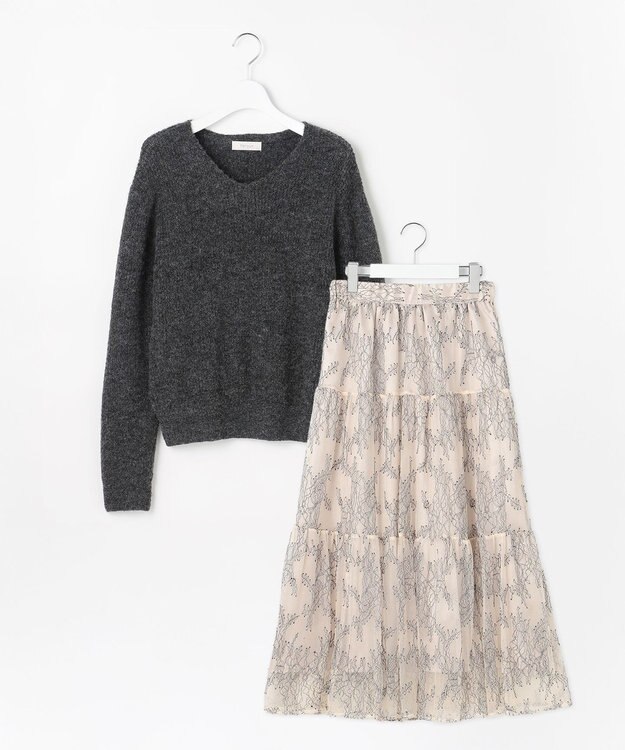 Feroux ニット×ティアードレース スカート グレー系