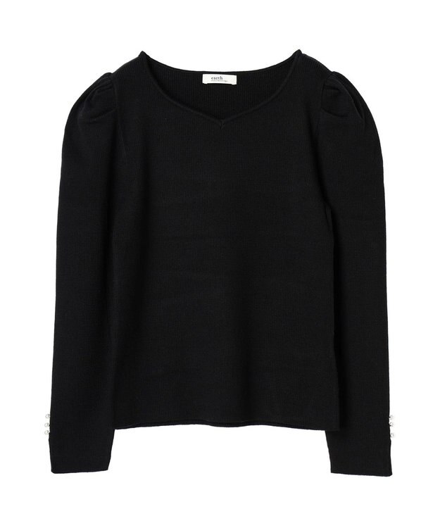 earth music&ecology ハートネック袖パールニットプルオーバー Black