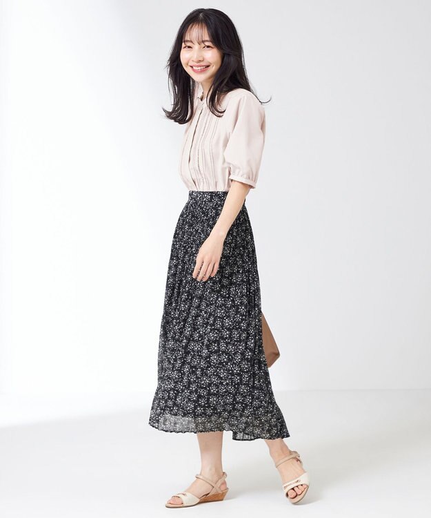 ANY SIS 【洗える】クリスタルプリーツフラワー スカート ブラック系