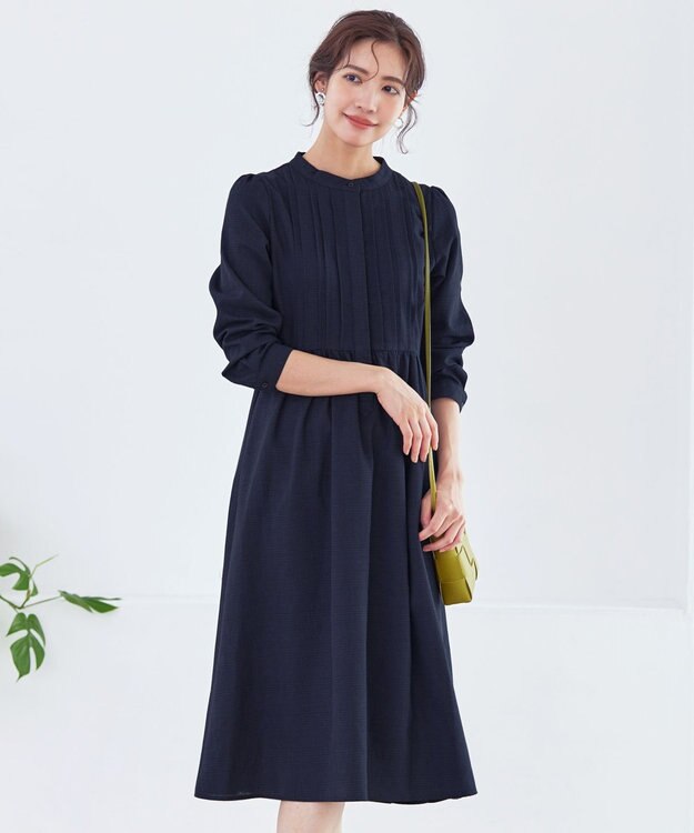 Tiaclasse 【洗える】バンドカラーチェック柄シャツワンピース ネイビー