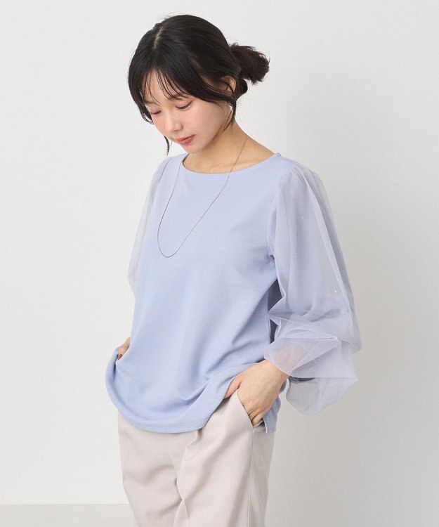 earth music&ecology キラキラストーンパールチュールスリーブプルオーバー Gray