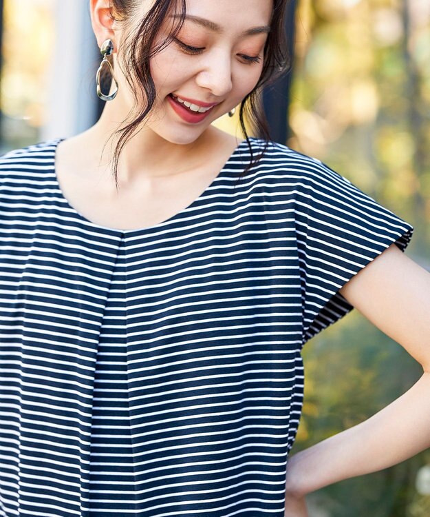 Tiaclasse 【洗える】 異素材を組み合わせたバックシャンカットチュニックブラウス ネイビーボーダー