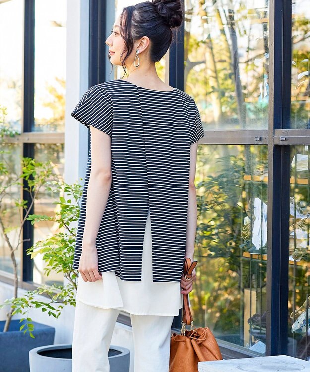 Tiaclasse 【洗える】 異素材を組み合わせたバックシャンカットチュニックブラウス ネイビーボーダー