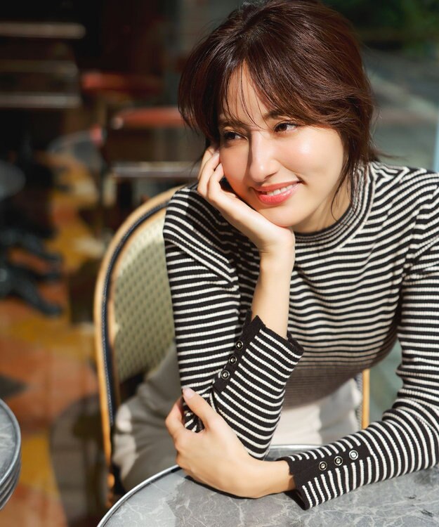 ANY SIS 【洗える】リブインナー ニット ブラック×アイボリーボーダー