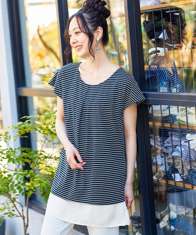 Tiaclasse 【洗える】 異素材を組み合わせたバックシャンカットチュニックブラウス ネイビーボーダー