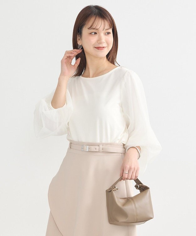 earth music&ecology キラキラストーンパールチュールスリーブプルオーバー Ivory