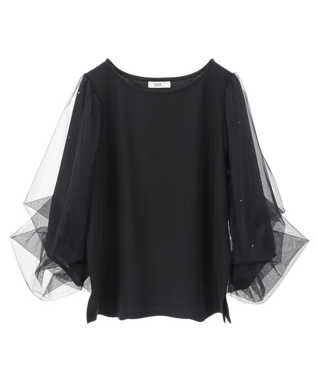 earth music&ecology キラキラストーンパールチュールスリーブプルオーバー Black