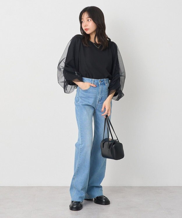 earth music&ecology キラキラストーンパールチュールスリーブプルオーバー Black