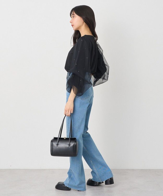 earth music&ecology キラキラストーンパールチュールスリーブプルオーバー Black