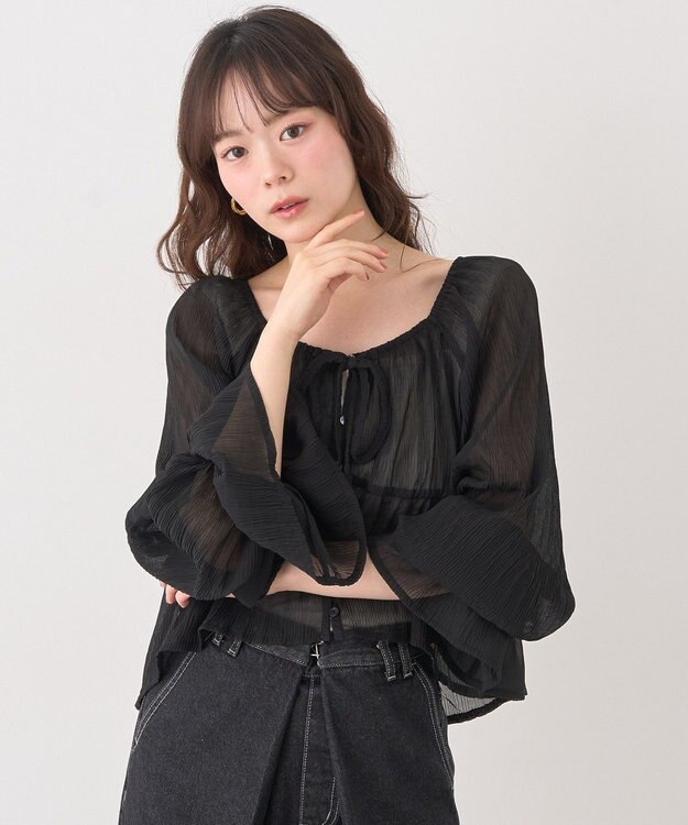 earth music&ecology ナローリボンくしゅくしゅギャザーブラウス Black