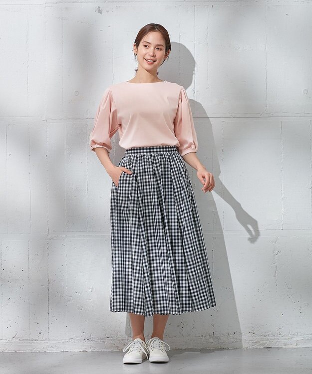 ANY 【ウエストゴム/ポケット付】シャンブレーライク フレアスカート ギンガム