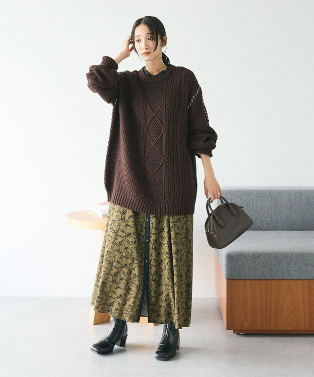 CRAFT STANDARD BOUTIQUE 総柄バイカラーワンピース Khaki