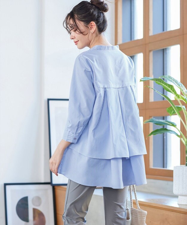 Tiaclasse バックタックフレアチュニック サックスストライプ