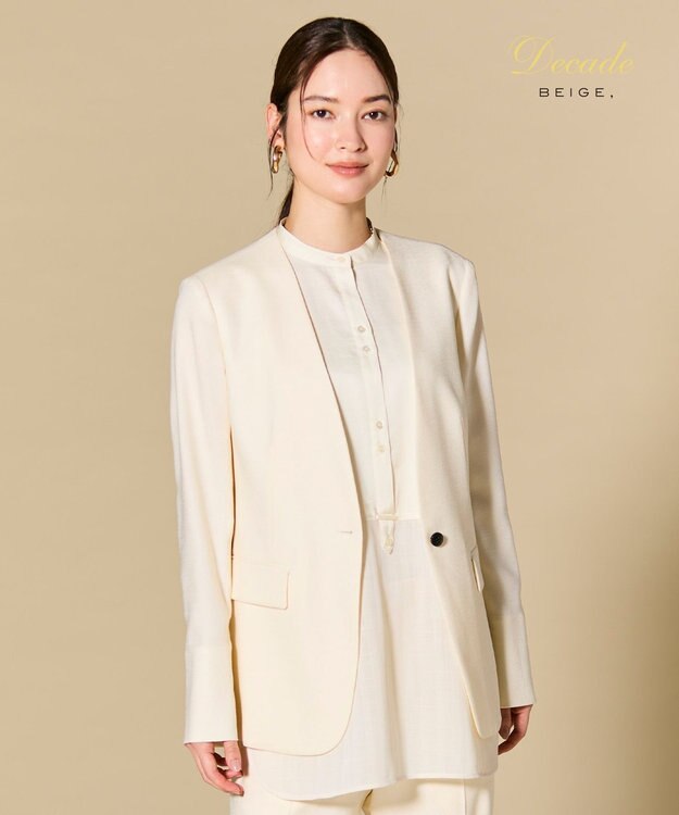 BEIGE， CAROLE / リネンライクノーカラーハーフ丈ジャケット Ecru