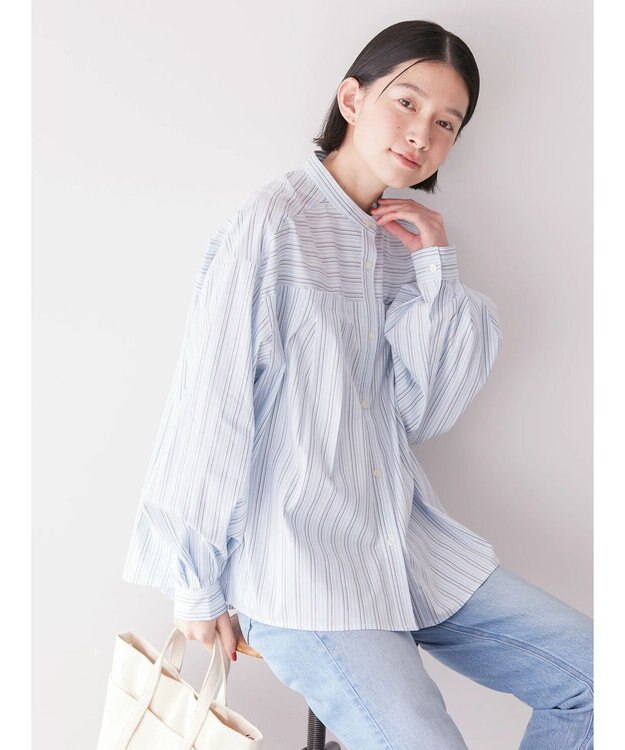 AMERICAN HOLIC イージーケア切替タックワイドシャツ Stripe Sax