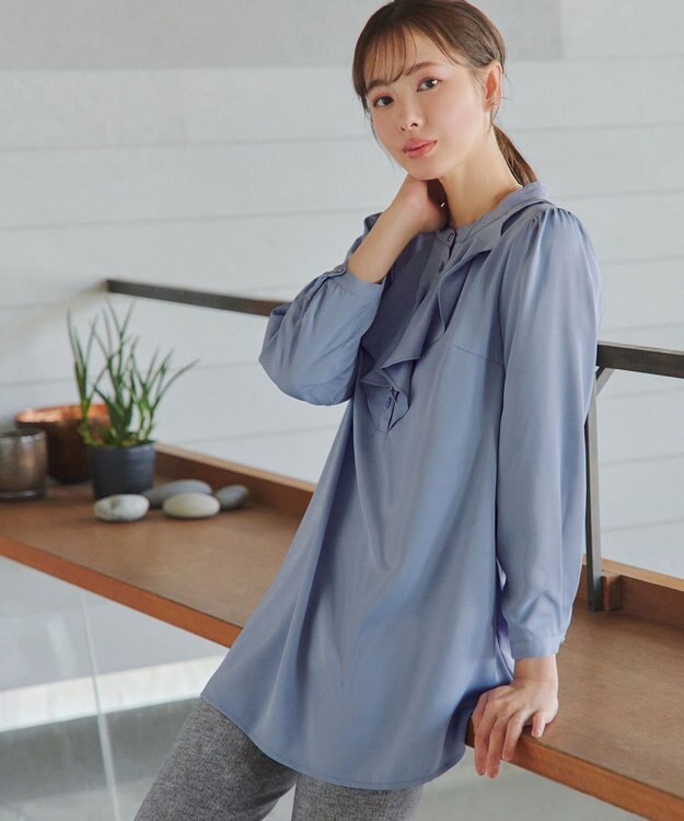 Tiaclasse L 【スマート裏起毛・洗える】フリルチュニック ブルー