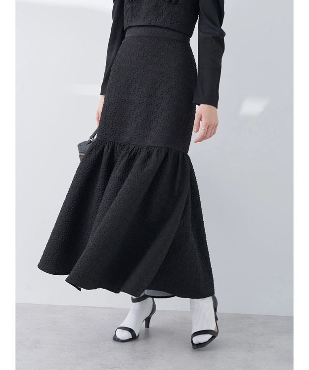 earth music&ecology エンボスフラワー　切替ボリュームスカート Black