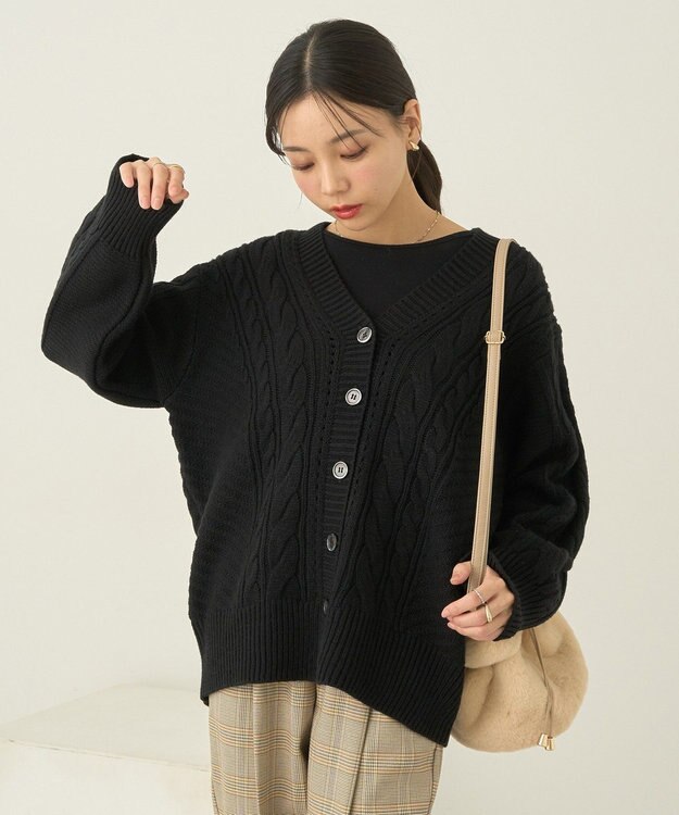 earth music&ecology アンチピリングケーブルカーディガン Black