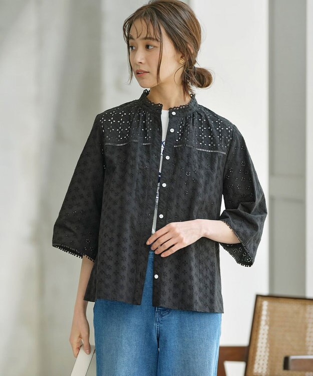 組曲 【WEB限定カラーあり】エンブロイダリーレース フレアスリーブブラウス ブラック系