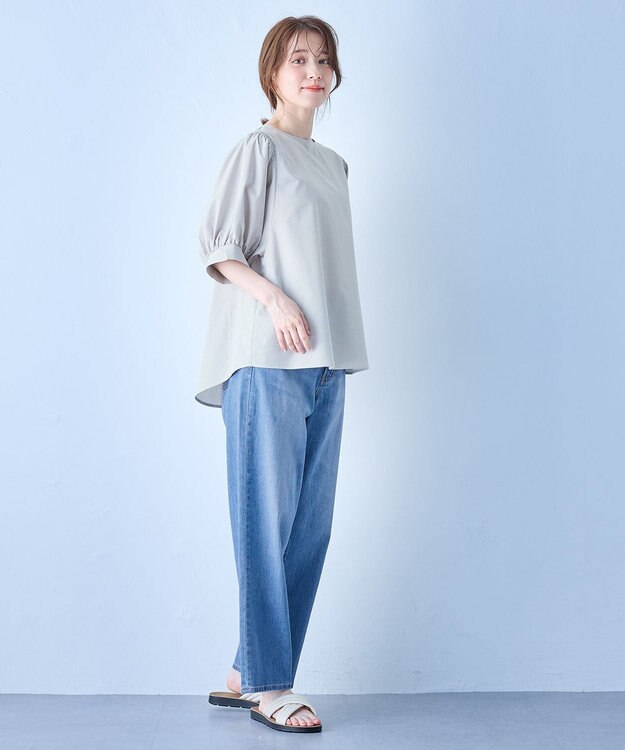 ANY 【抗菌防臭/速乾/手洗い可】エニィファンクション パフスリーブブラウス グレーストライプ