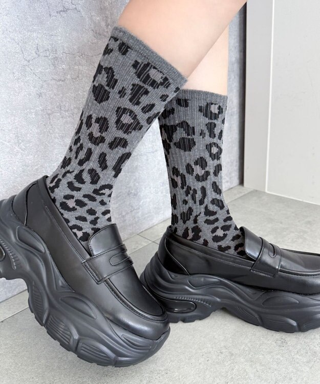 WEGO レオパード柄リブソックス グレー