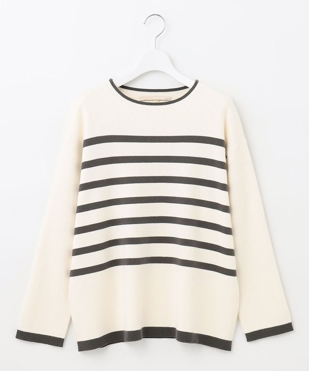 自由区 L 【洗える】コットンカシミヤ ボーダーニット ホワイト系1