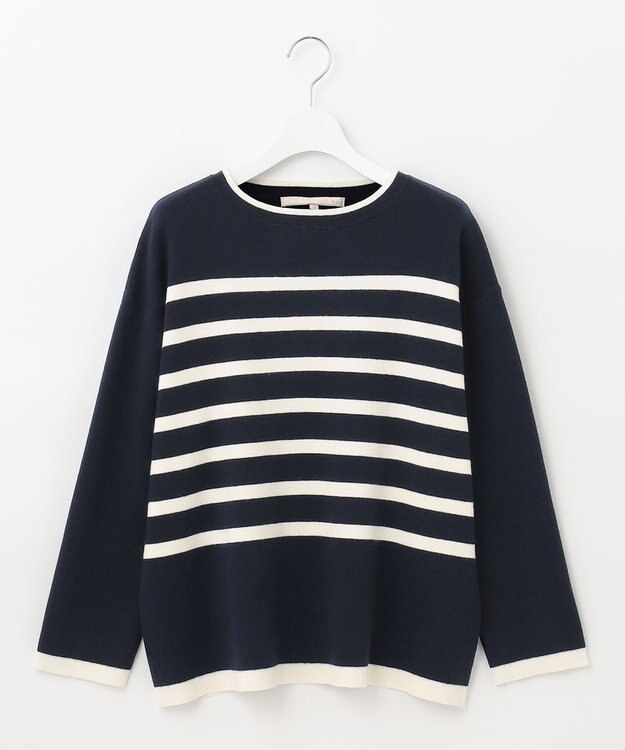 自由区 L 【洗える】コットンカシミヤ ボーダーニット ネイビー系1
