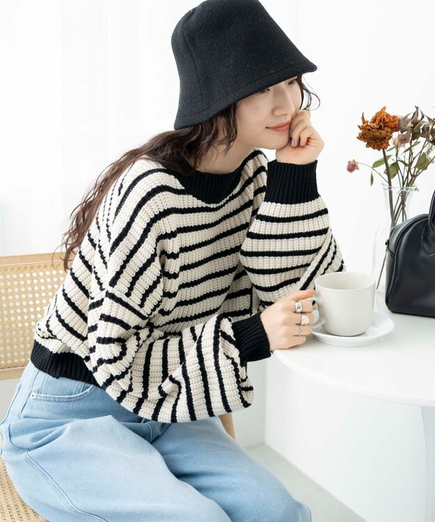 WEGO ボーダーショートニットプルオーバー ホワイトボーダー