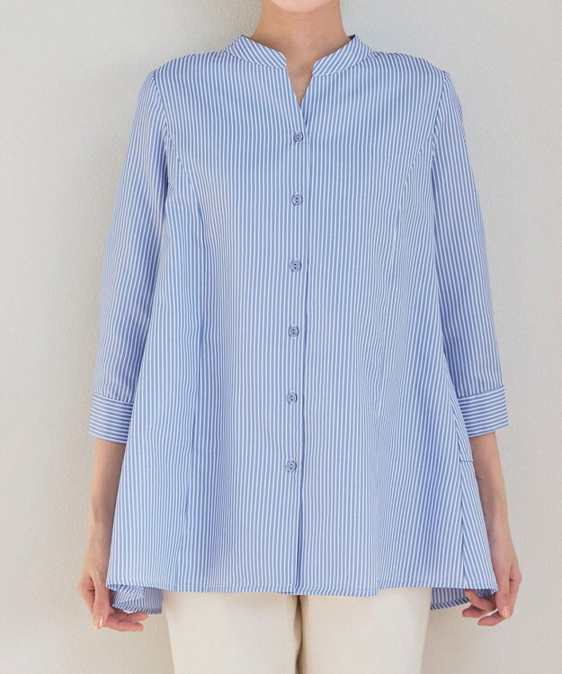 Tiaclasse L バックタックフレアチュニック サックスストライプ