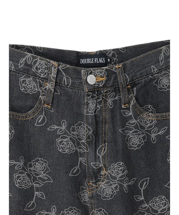 Green Parks ・Ｄｏｕｂｌｅ　Ｆｌａｇｓ　フラワー抜染ストレートデニム Black