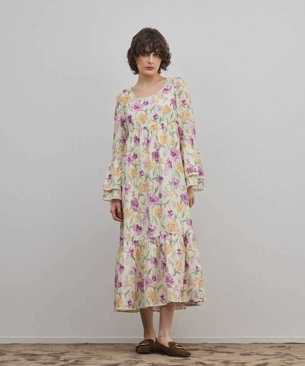 GRACE CONTINENTAL ボタニカルプリントティアードワンピース イエロー