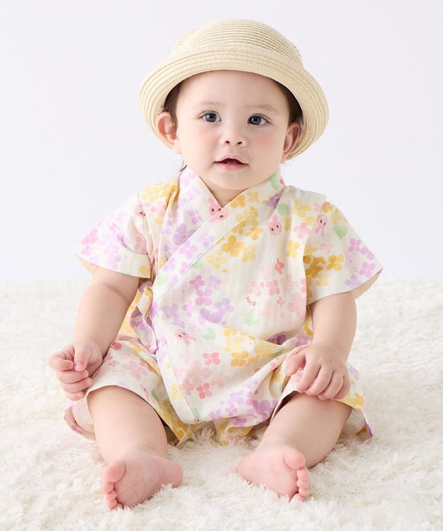 MIKI HOUSE HOT BISCUITS 【60-80cm】総柄 甚平オール 黄