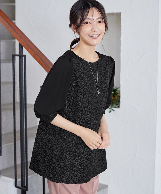 Tiaclasse L 【洗える】フラワーJQ袖シフォンチュニック ブラック