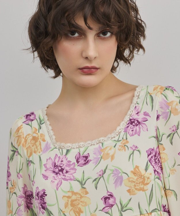 GRACE CONTINENTAL ボタニカルプリントティアードワンピース イエロー