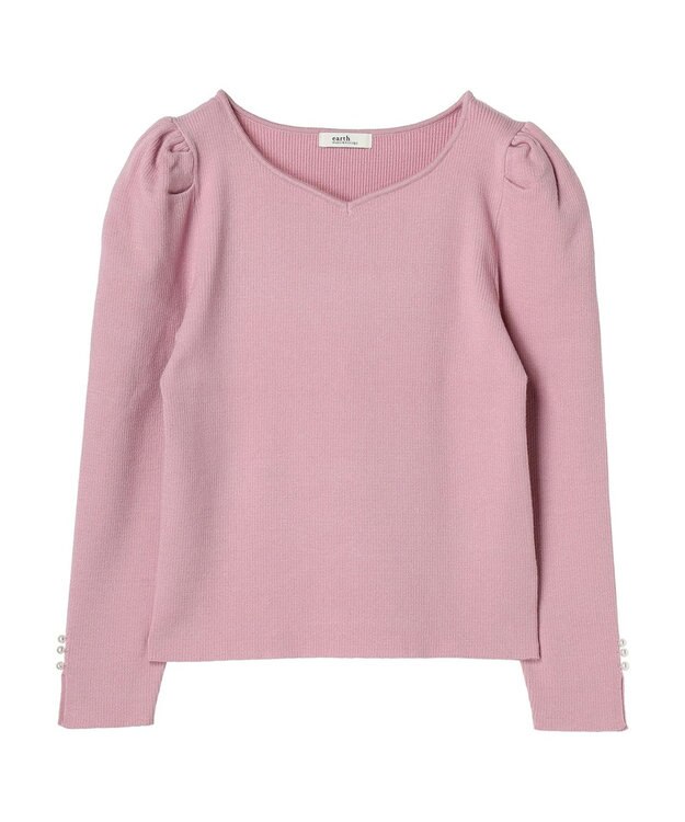 earth music&ecology ハートネック袖パールニットプルオーバー Pink