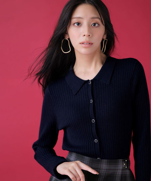 ANY SIS S CICA加工 襟デザイン ニット ネイビー