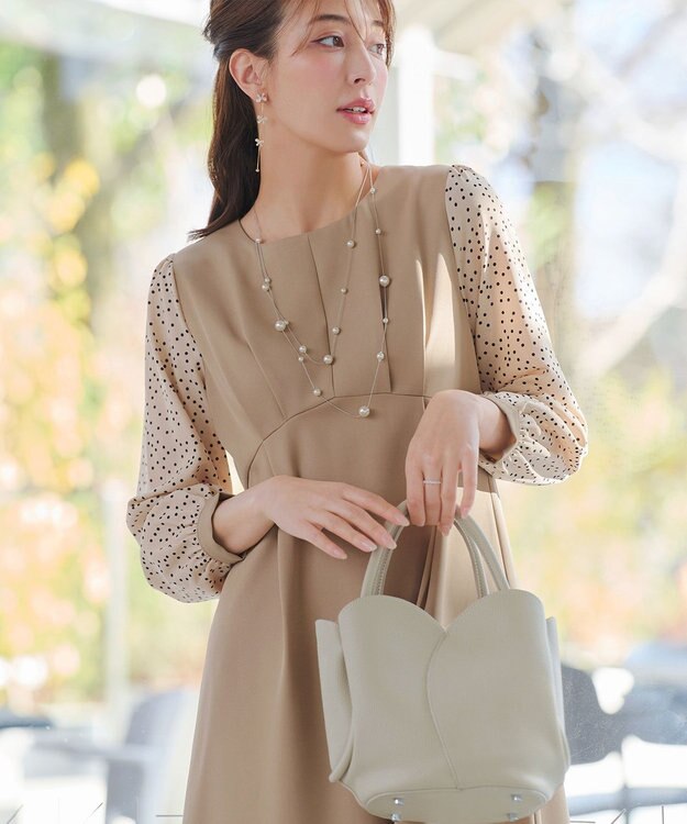 Tiaclasse L ドット柄コンビバックリボンタックワンピース ベージュ