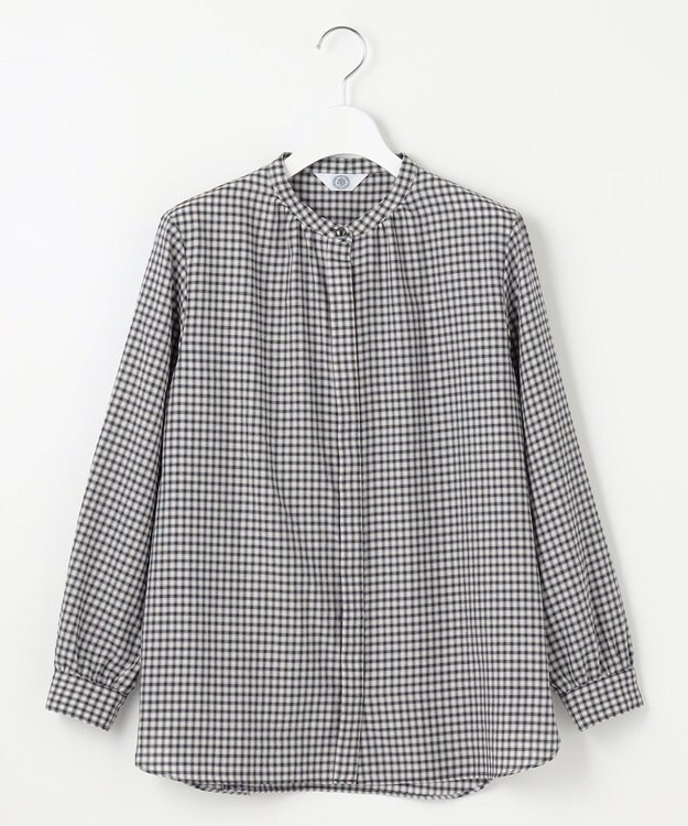 J.PRESS LADIES L 【洗える】ポリエステルヴィスコースブロックチェック バンドカラー ブラウス チャコール×ピンク系