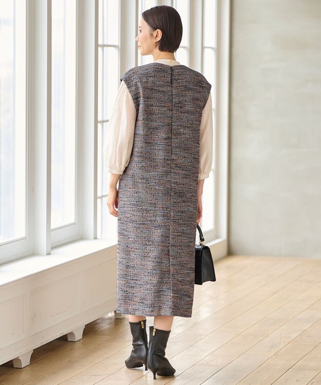 自由区 L 【洗える】エアリーツイード ジャンパースカート グレイッシュミントミックス